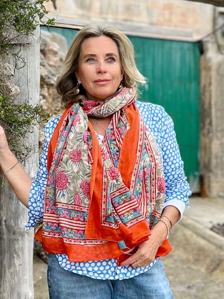 Sarong   , Pareo  , cotton shawl and beach Deluxe Block print collection, orange green 🪷 -  AUROBELLE  IBIZA