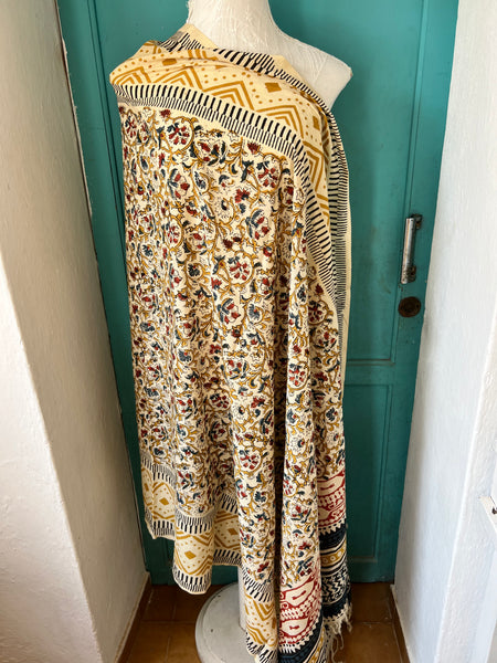 Hand made Block print yellow flower mix ethic big size with    fringes