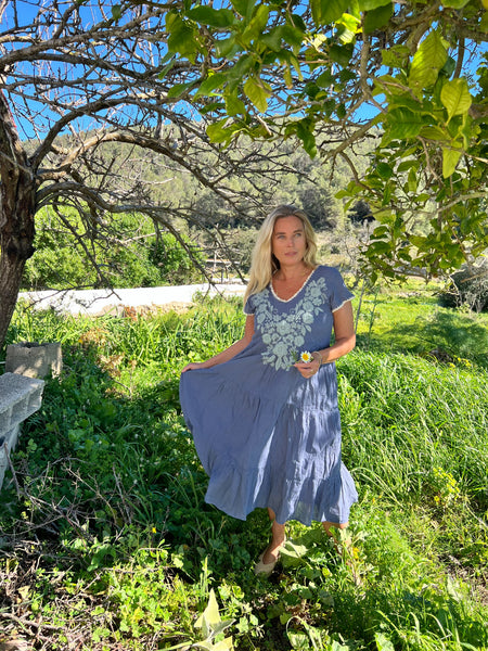 Pai dress grey hand embroidery -  AUROBELLE  IBIZA
