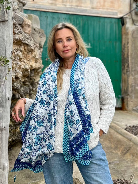 Sarong   , Pareo  , cotton shawl and beach Deluxe Block print collection, blue white Caro’s -  AUROBELLE  IBIZA