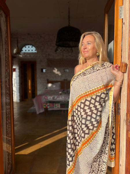 Sarong  Pareo  collection big size with golden zari border No 3A Ethnic -  AUROBELLE  IBIZA