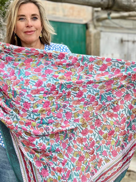Sarong   , Pareo  , cotton shawl and beach Deluxe Block print collection emerald red flower print -  AUROBELLE  IBIZA