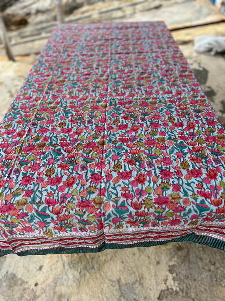 Sarong   , Pareo  , cotton shawl and beach Deluxe Block print collection emerald red flower print -  AUROBELLE  IBIZA