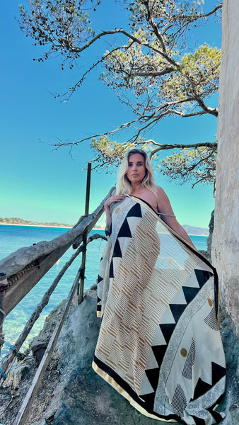 Big size Sarong ,Hand Block Printed Extra Large Sarong | Organic Cotton Muslin | Natural Bagru Print with Golden Modern Art  🌺 -  AUROBELLE  IBIZA