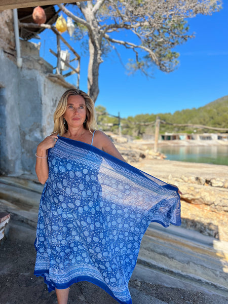 Sarong   , Pareo  , cotton shawl and beach Deluxe Block print collection, blue flower  🪷 -  AUROBELLE  IBIZA