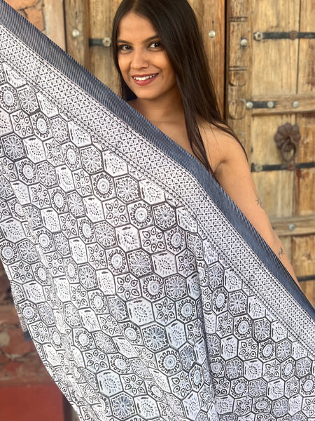 Sarong   , Pareo  , cotton shawl and beach Deluxe Block print collection,elegant grey 🌸 -  AUROBELLE  IBIZA