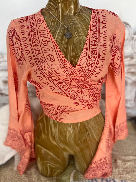 Bohemian  Wrap Top with Om Print – Spiritual Festival Crop Blouse hippie wrap blouse