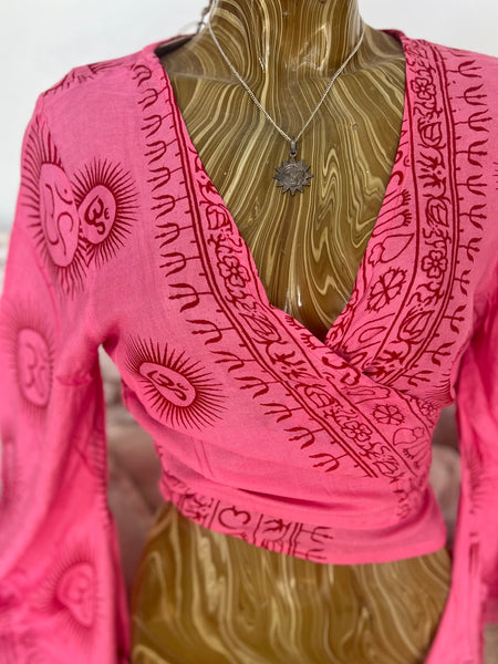 Bohemian  Wrap Top with Om Print – Spiritual Festival Crop Blouse hippie wrap blouse