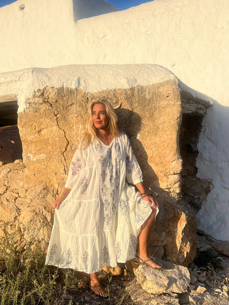Reina - Boho beautiful white ethnic block print dress