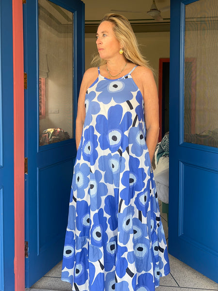 Nila dress  blue and white flower -  AUROBELLE  IBIZA