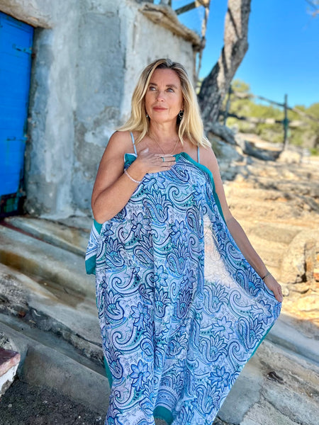 Sarong   , Pareo  , cotton shawl and beach Deluxe Block print collection, paisley blue  🪷 -  AUROBELLE  IBIZA