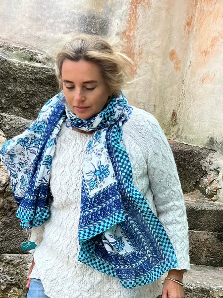 Sarong   , Pareo  , cotton shawl and beach Deluxe Block print collection, blue white Caro’s -  AUROBELLE  IBIZA