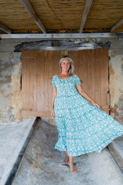 Ishi Daughter Dress – Hand Block Printed Boho Maxi emerald green