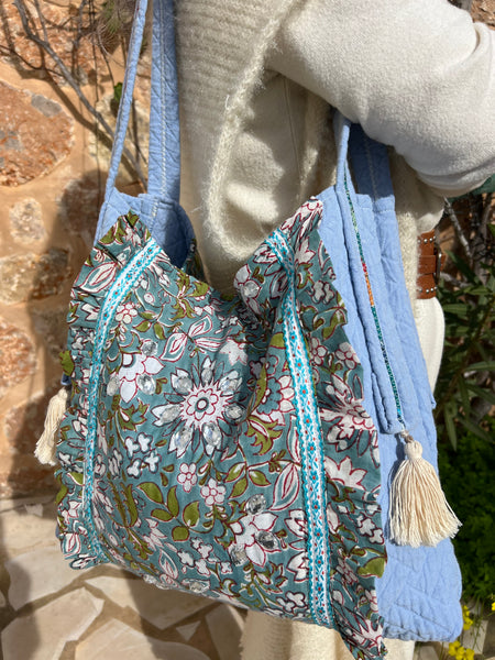 One-of-a-Kind Ibiza Patchwork Bag- be the change you want to see - green flower -  AUROBELLE  IBIZA
