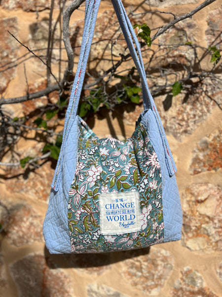 One-of-a-Kind Ibiza Patchwork Bag- be the change you want to see - green flower -  AUROBELLE  IBIZA