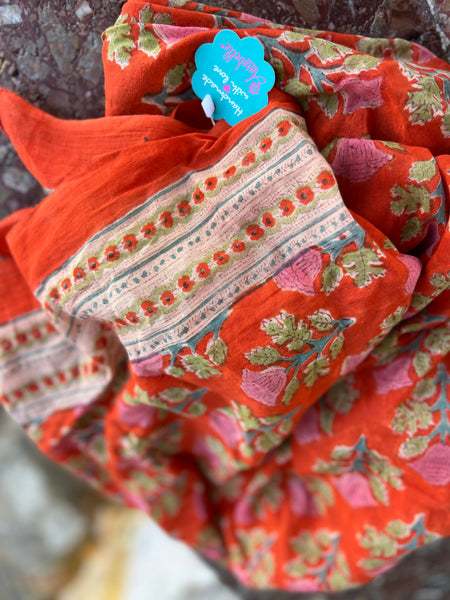 Sarong   , Pareo  , cotton shawl and beach Deluxe Block print collection, orange pink 🪷 -  AUROBELLE  IBIZA