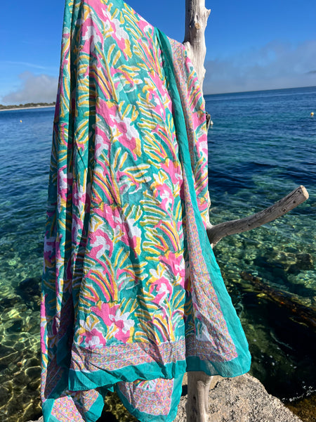 Sarong   , Pareo  , cotton shawl and beach Deluxe Block print collection, formentera turquoises🪷 -  AUROBELLE  IBIZA