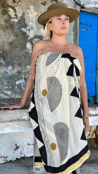 Big size Sarong ,Hand Block Printed Extra Large Sarong | Organic Cotton Muslin | Natural Bagru Print with Golden Modern Art  🌺 -  AUROBELLE  IBIZA