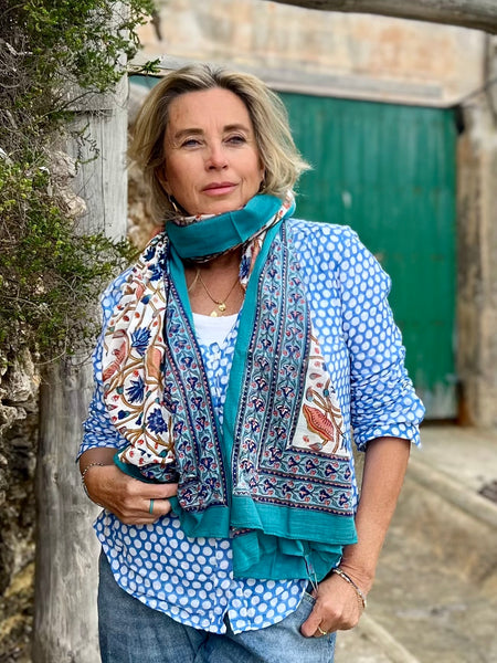 Sarong   , Pareo  , cotton shawl and beach Deluxe Block print collection, blue turquoises flower  🪷 -  AUROBELLE  IBIZA