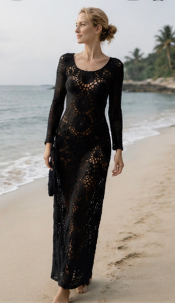 Sexy Roxanne boho crochet dress in black ,  totally hand made -  AUROBELLE  IBIZA