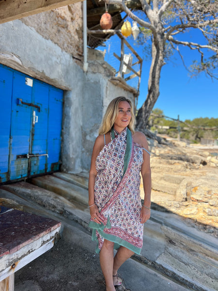 Sarong   , Pareo  , cotton shawl and beach Deluxe Block print collection,olive green classy    🪷 -  AUROBELLE  IBIZA