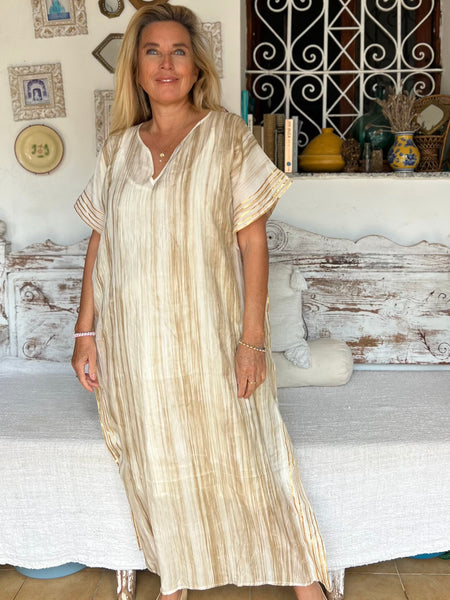 🌿 Silk Sari Kaftan – Beige with Soft Gold Stripes (One of a Kind) -  AUROBELLE  IBIZA