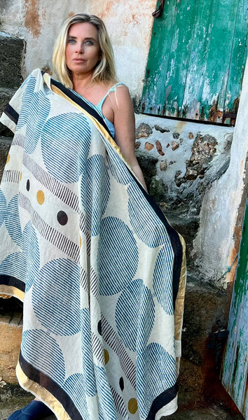 Big size Sarong ,Hand Block Printed Extra Large Sarong | Organic Cotton Muslin | Natural Bagru Print with Golden Sari Blue big circle -  AUROBELLE  IBIZA
