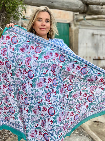 Sarong   , Pareo  , cotton shawl and beach Deluxe Block print collection emerald red flower print -  AUROBELLE  IBIZA