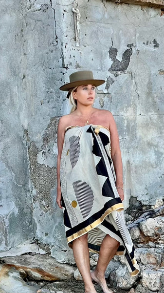 Big size Sarong ,Hand Block Printed Extra Large Sarong | Organic Cotton Muslin | Natural Bagru Print with Golden Modern Art  🌺 -  AUROBELLE  IBIZA