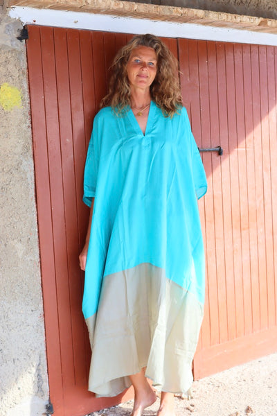 Exclusive luxury Silk kaftan Beige and turquoise