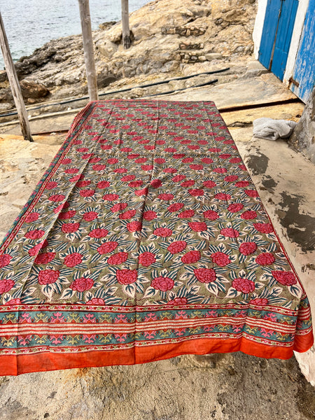 Sarong   , Pareo  , cotton shawl and beach Deluxe Block print collection, orange green 🪷 -  AUROBELLE  IBIZA