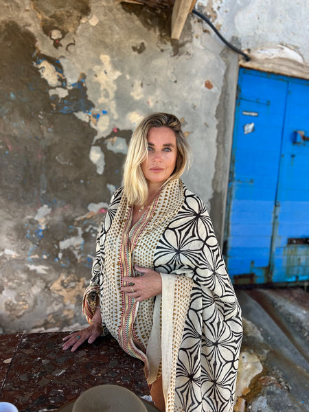Big size Sarong ,Hand Block Printed Extra Large Sarong | Organic Cotton Muslin | Natural Bagru Print with Gold / Flower of life -  AUROBELLE  IBIZA