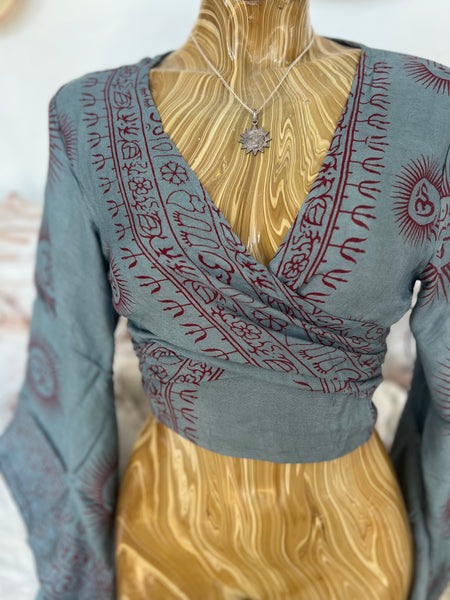 Bohemian  Wrap Top with Om Print – Spiritual Festival Crop Blouse hippie wrap blouse