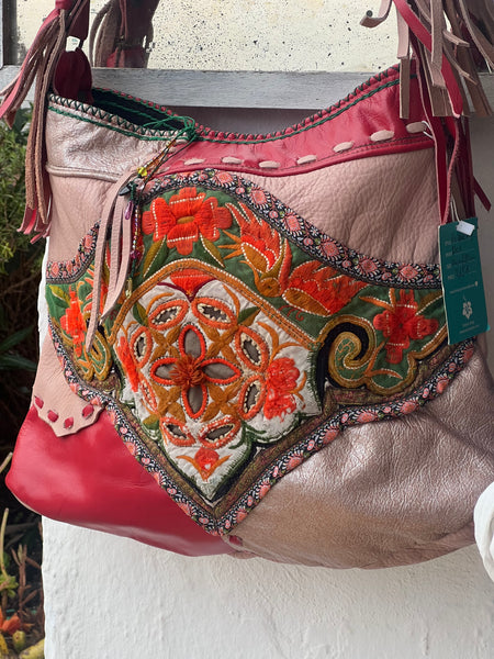 Chiang mai Bag with antique tribal embroidery and leather patchwork