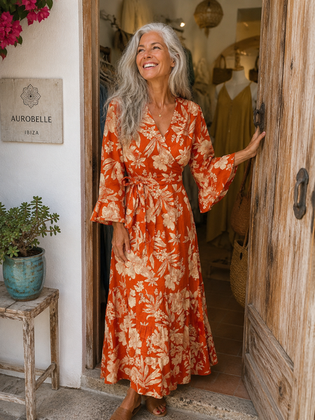 Wrap dress  orange flower power woman for over 50 -  AUROBELLE  IBIZA