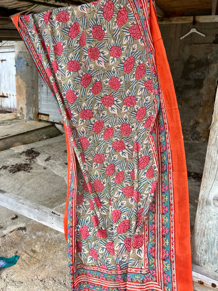 Sarong   , Pareo  , cotton shawl and beach Deluxe Block print collection, orange green 🪷 -  AUROBELLE  IBIZA