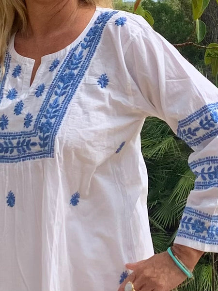 Mumbai  dress white with hand embroidery in sky blue