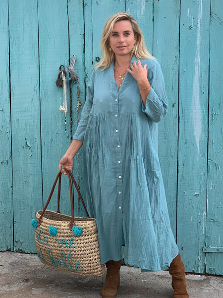 Chinese colar  dress in Formentera blue