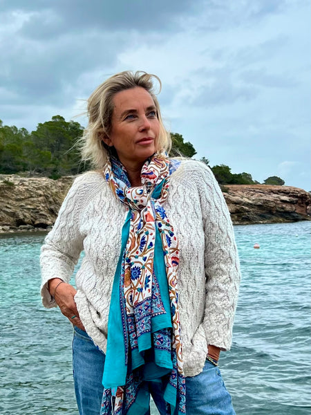 Sarong   , Pareo  , cotton shawl and beach Deluxe Block print collection, blue turquoises flower  🪷 -  AUROBELLE  IBIZA