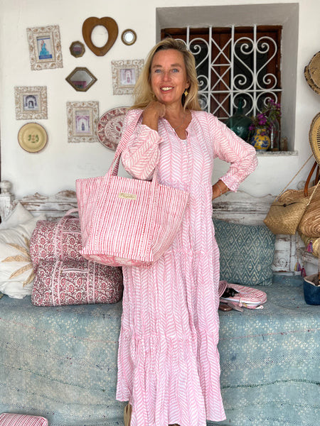Brigitte Tote bag Large Quilted Cotton Tote Bag | Pink Block Print Shoulder Bag | Boho Beach Bag | Handmade Travel Bag