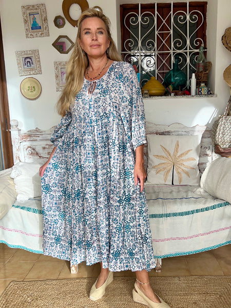 Butterfly boho dress blue white