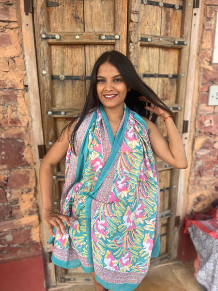 Sarong   , Pareo  , cotton shawl and beach Deluxe Block print collection,emerald  beach 🌸 -  AUROBELLE  IBIZA