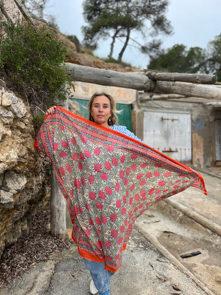 Sarong   , Pareo  , cotton shawl and beach Deluxe Block print collection, orange green 🪷 -  AUROBELLE  IBIZA