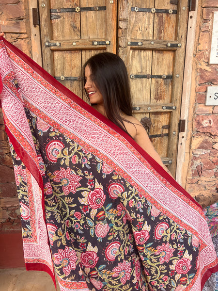 Sarong   , Pareo  , cotton shawl and beach Deluxe Block print collection,Black  flower heaven 🌸 -  AUROBELLE  IBIZA