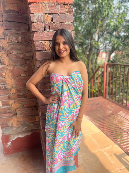 Sarong   , Pareo  , cotton shawl and beach Deluxe Block print collection,emerald  beach 🌸 -  AUROBELLE  IBIZA