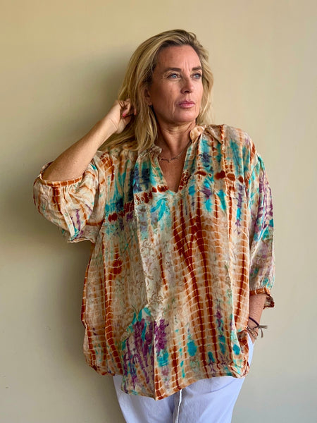 Lisa One-of-a-Kind Vintage Silk Sari blouse  ✨no 7 ocker   Turquoise Lila  L xl