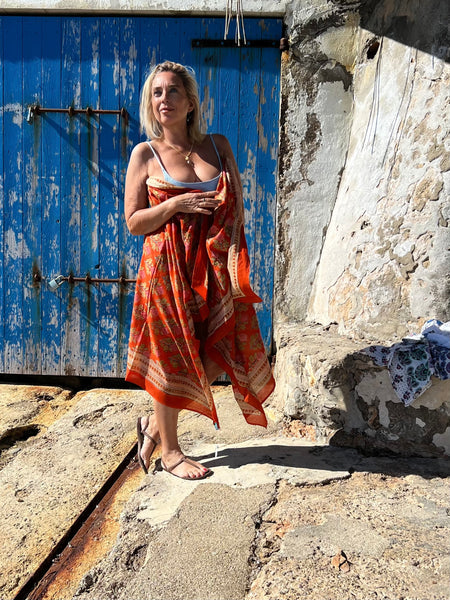 Sarong   , Pareo  , cotton shawl and beach Deluxe Block print collection, orange pink 🪷 -  AUROBELLE  IBIZA