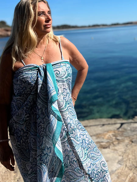 Sarong   , Pareo  , cotton shawl and beach Deluxe Block print collection, paisley blue  🪷 -  AUROBELLE  IBIZA