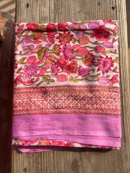 Sarong   , Pareo  , cotton shawl and beach Deluxe Block print collection,pink flower garden   🌹 -  AUROBELLE  IBIZA
