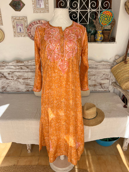 Silk tunica in stunning   design and amazing hand 🧵pink and orange -  AUROBELLE  IBIZA